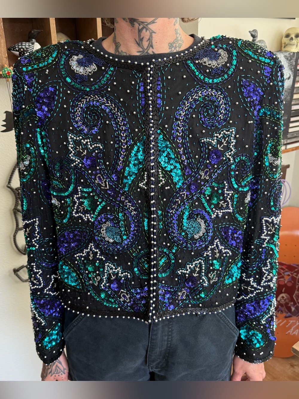 Vintage 80s Deadstock Laurence Kazar Silk Sequin Top ~ Size XL - Picture 5 of 9